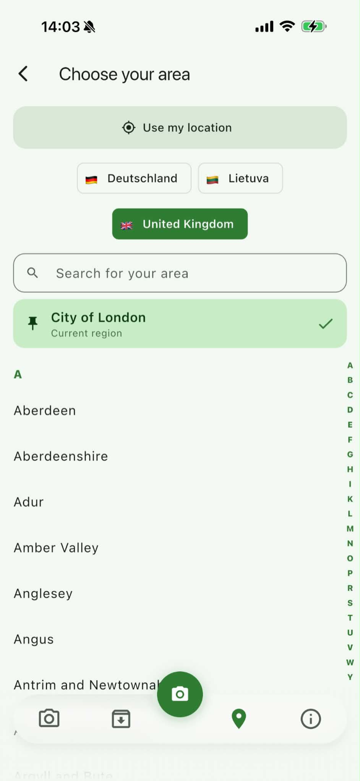 Area picker screen listing United Kingdom local authorities