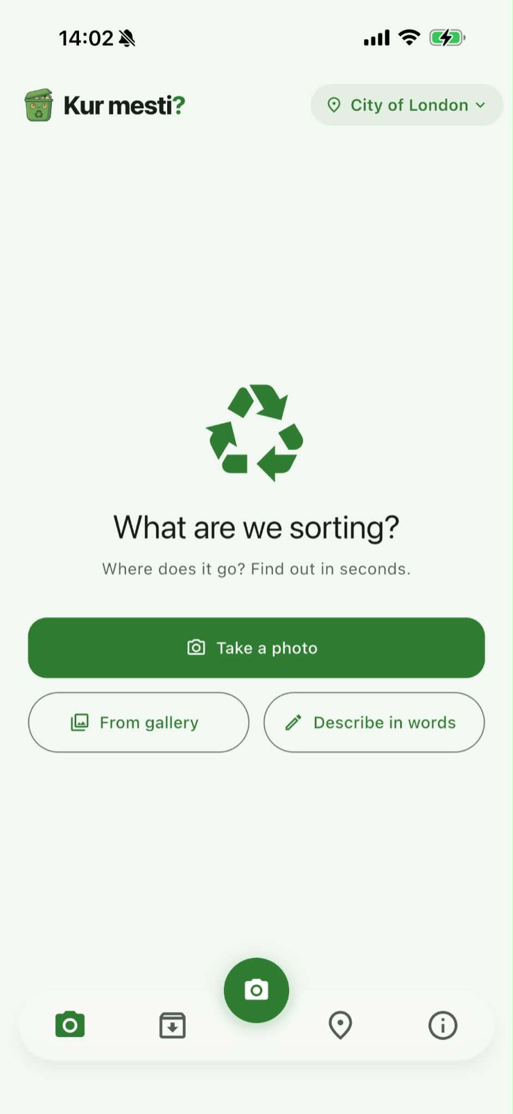 Scan screen with Take a photo, From gallery, and Describe in words options